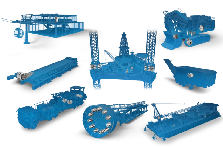 Halbtransparentes Rendering von verschiedenen Fahrzeugen und Anwendungen mit verbauten Industriegetrieben von ZF.