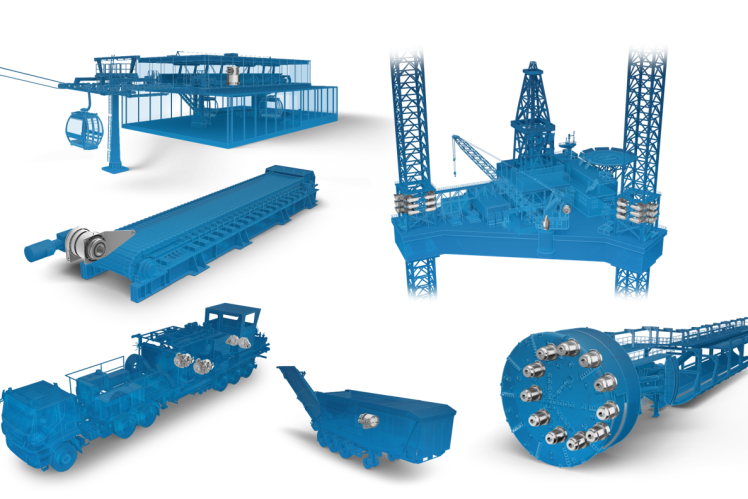 Semi-transparent rendering of various vehicles and industrial applications with ZF technology inside.