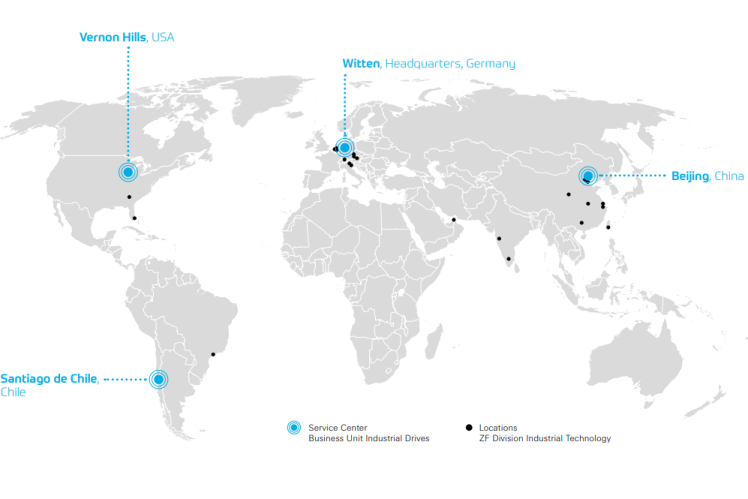 World map showing all the serive locations of ZF Industriegetriebe Witten GmbH.