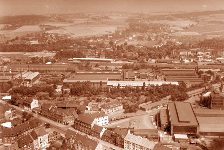 Historical aerial view of the factory site in 1958.
