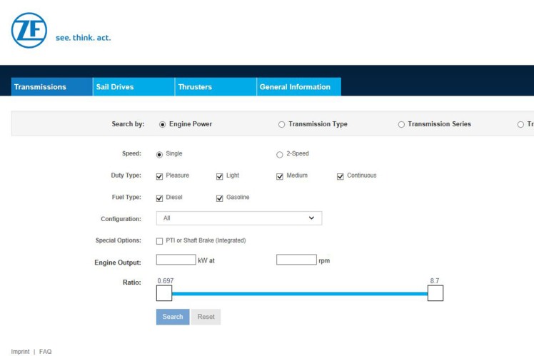 Screenshot of Matran, ZF's online product configurator for Marine Propulsion systems