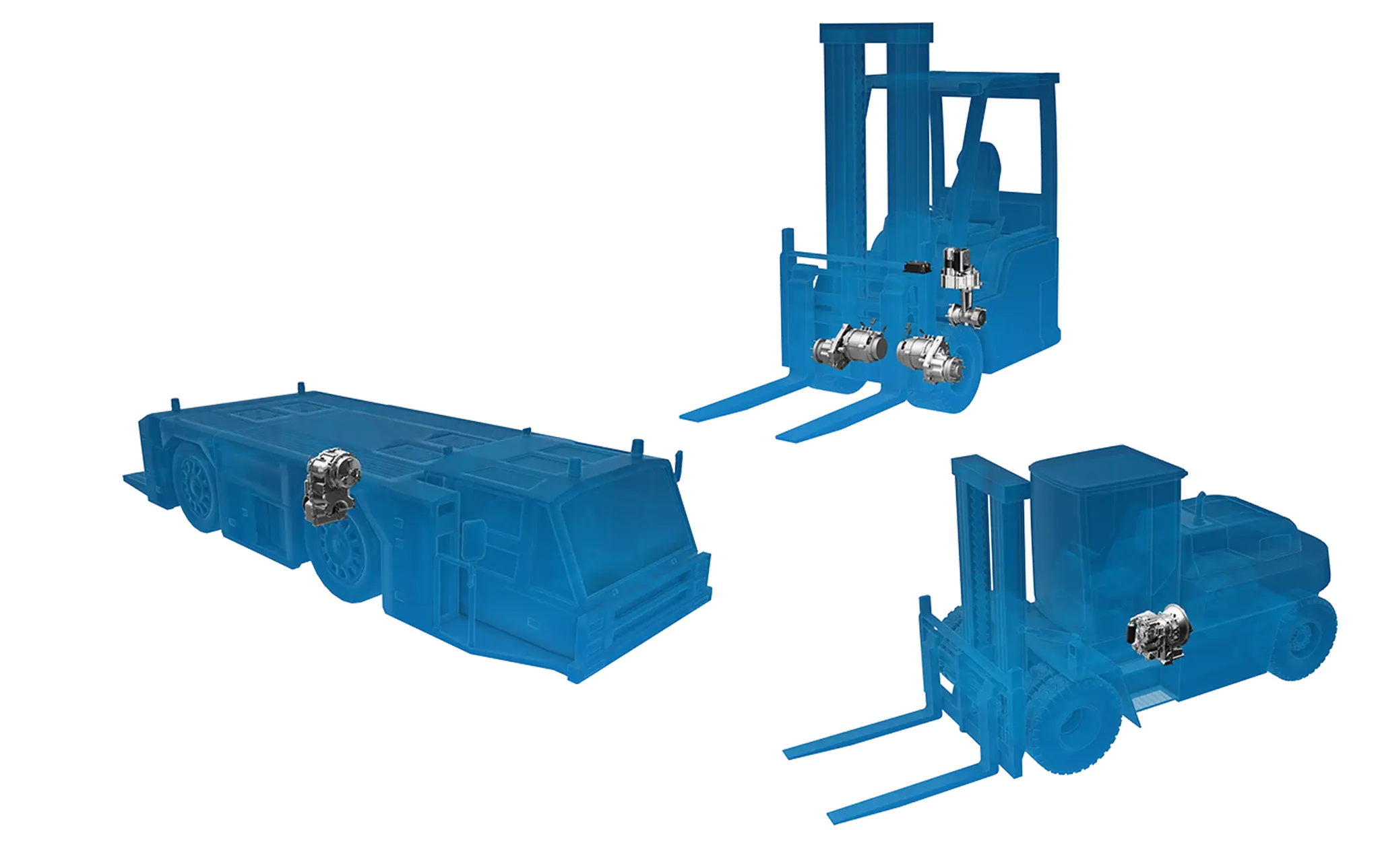 Three semi-transparent silhouettes of vehicles with ZF technology applied: an electric forklift truck, a Diesel/Gas forklift truck and aircraft tow tractor