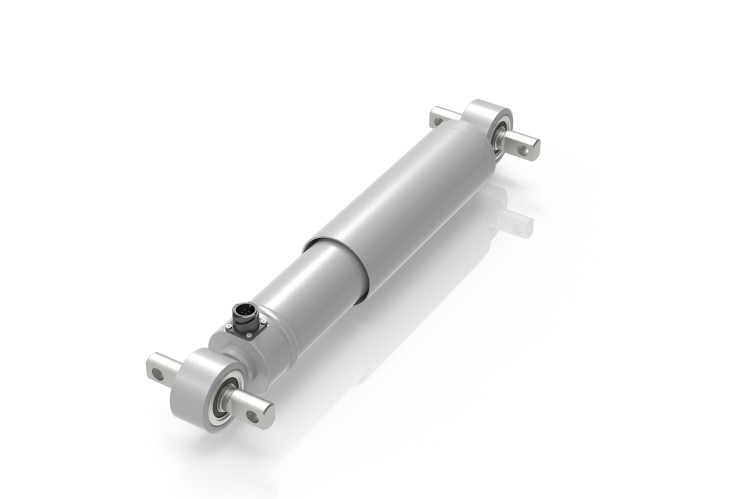 ZF Sekundärdämpfer mit integriertem Positionssensor für Schienenfahrzeuge.