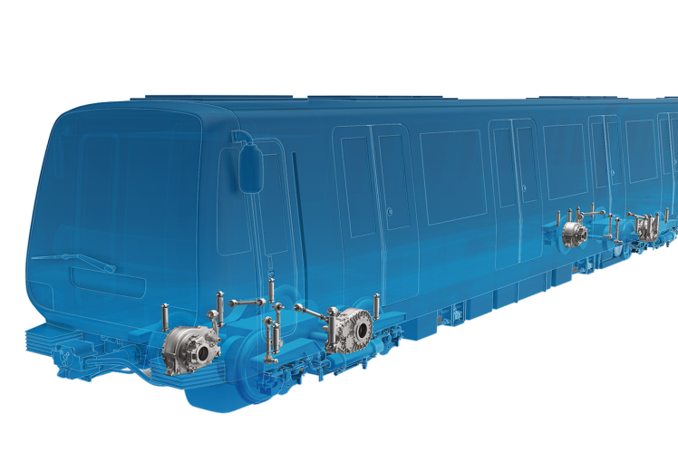 Silhouette eines Metro-Fahrzeugs mit Getrieben und Dämpfern von ZF.