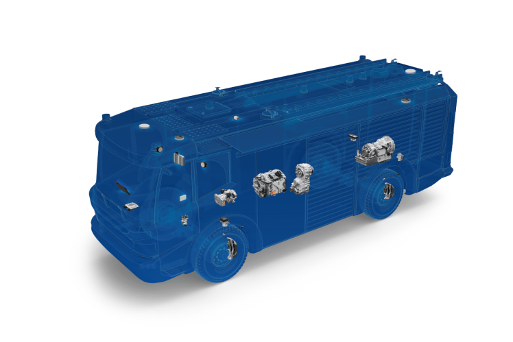 Silhouette of a fire-fighting vehicle with components from ZF.