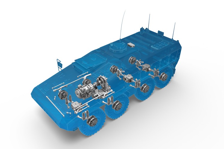 Blue silhouette of a APC vehicle with ZF components.