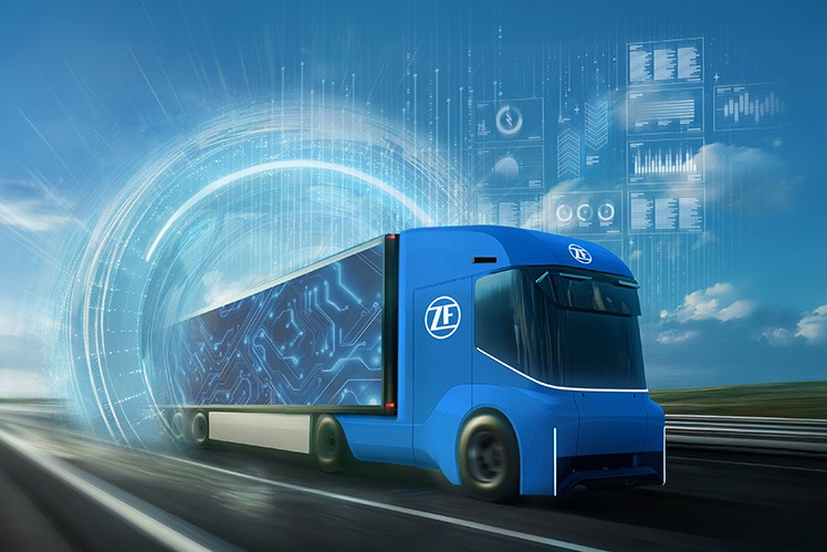 Truck driving on the road with digital features