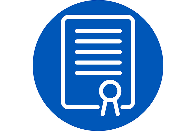 White certificate icon on blue circle