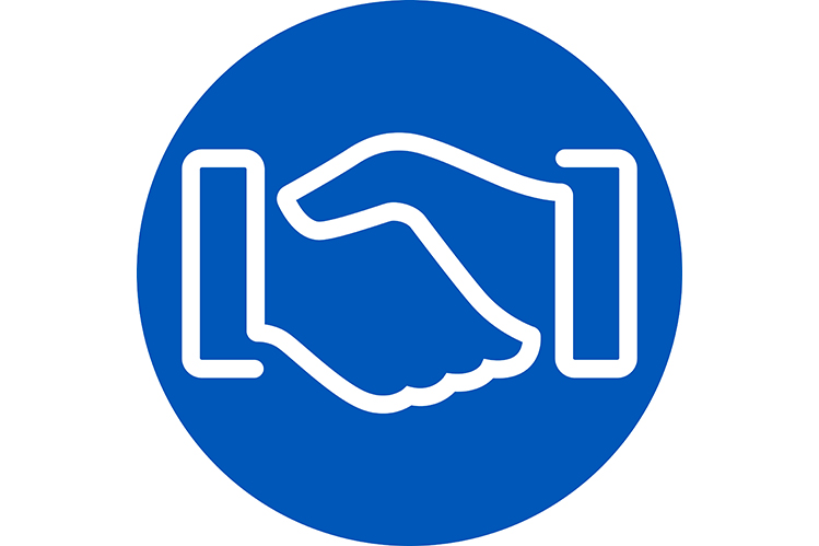 Circular blue image of two hands touching