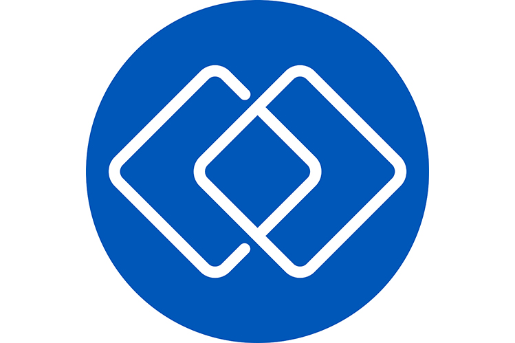 Circular blue image of two interlinked squares