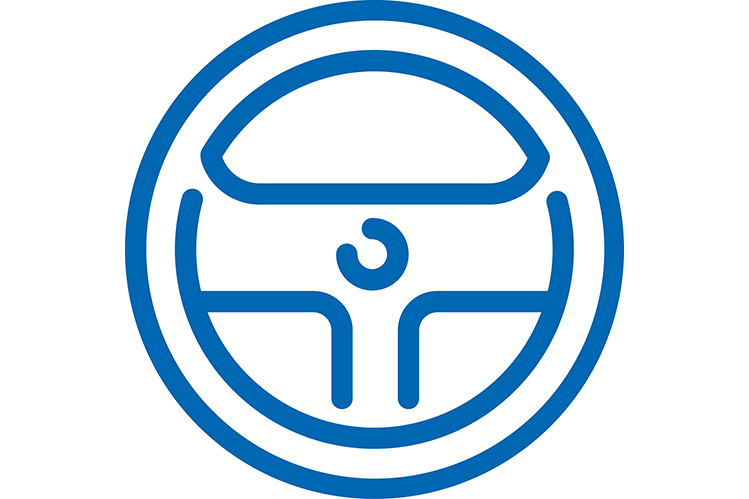 Blue steering wheel logo on white background