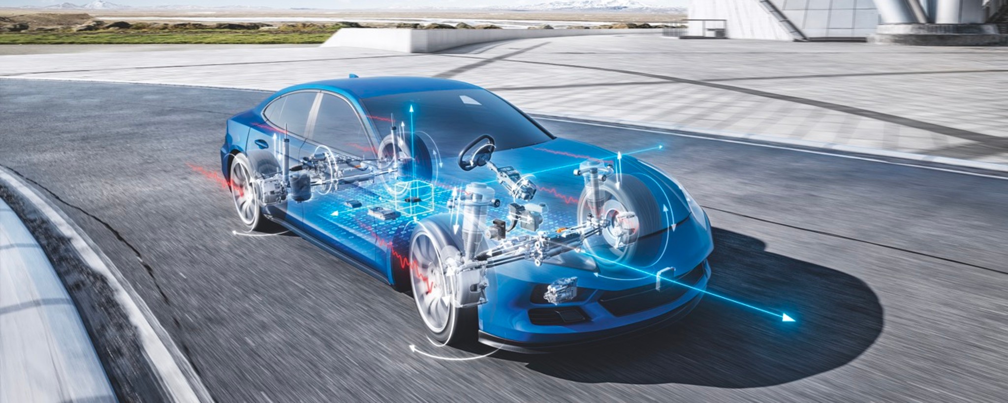 Diagram of a blue car showcasing its internal mechanical systems