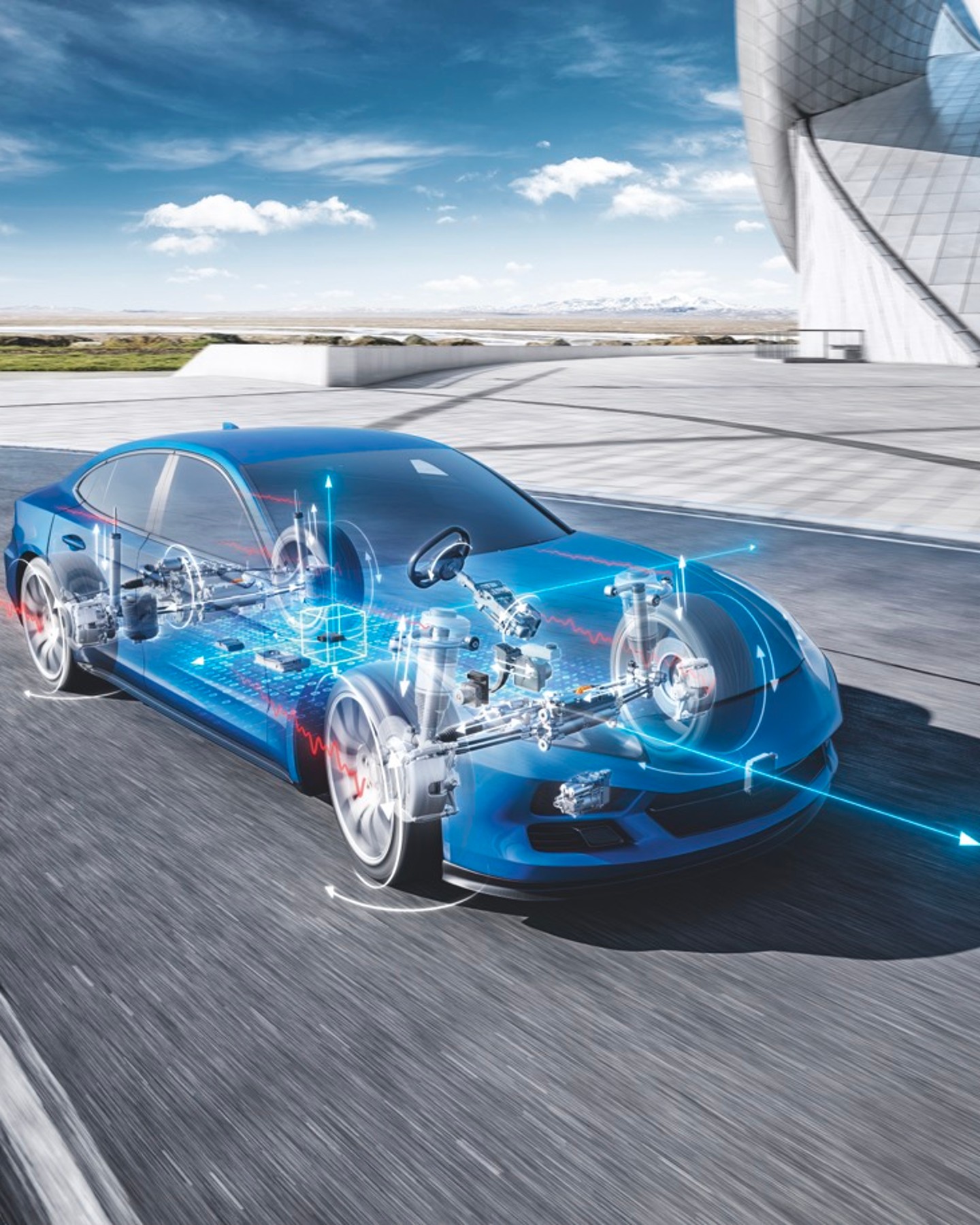 Diagram of a blue car showcasing its internal mechanical systems
