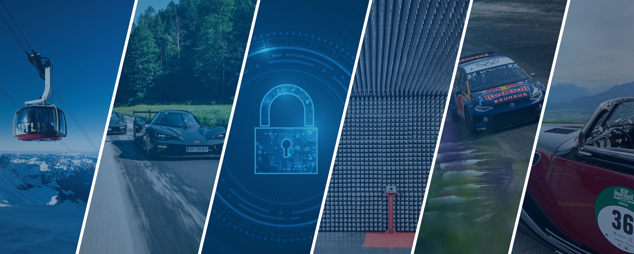 Complilation images of vehicles, EMC chamber and cybersecurity digital graphic