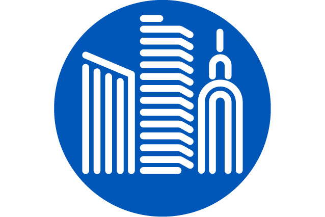 White infrastructure icon on blue circle