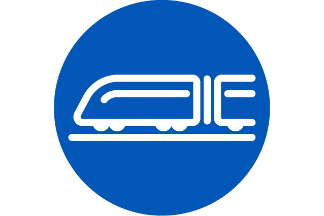 White rail icon on blue circle